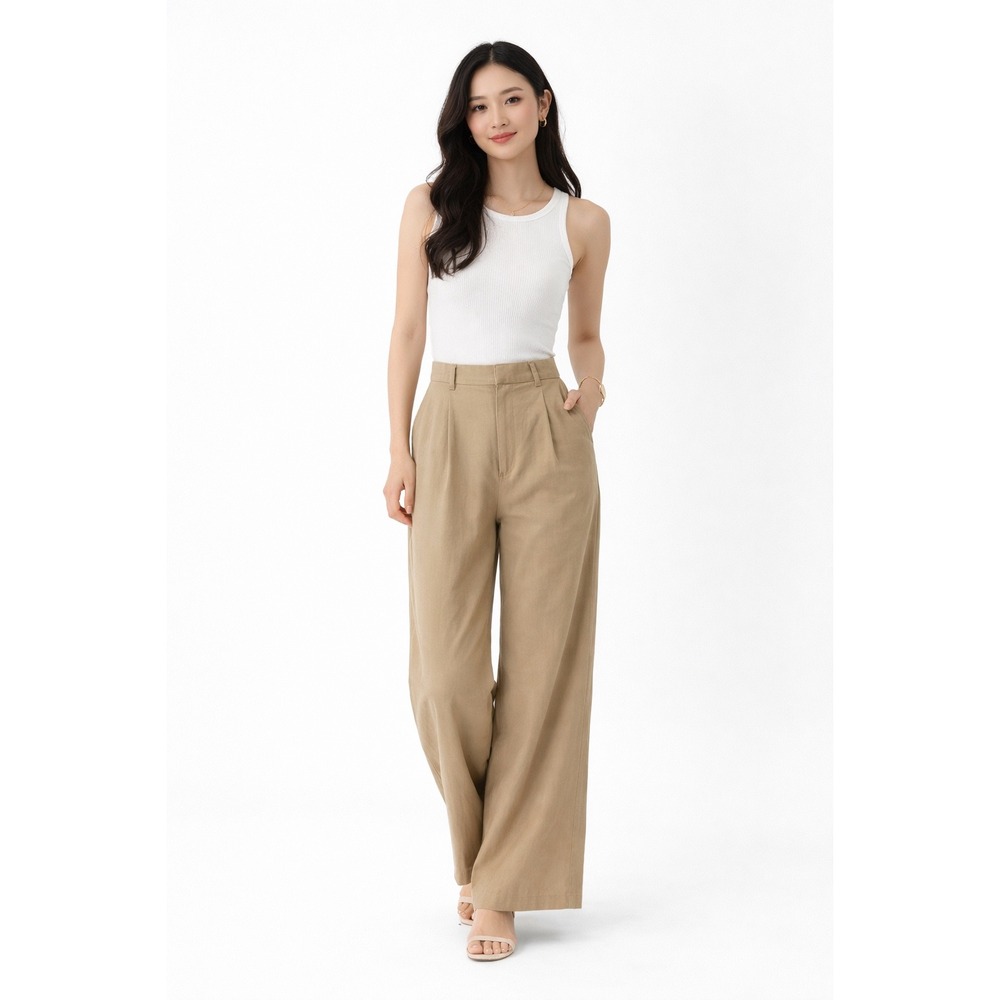 Zara Tan Khaki Linen High Waist Pleated Wide Leg Trousers XL Resortwear 102-57